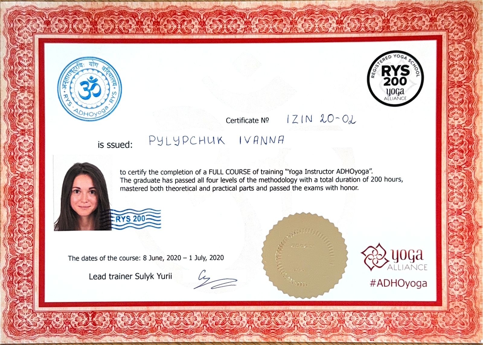 ADHOyoga Yoga Instructor certificate, 200 hours, 2020 — Ivanna Pylypchuk