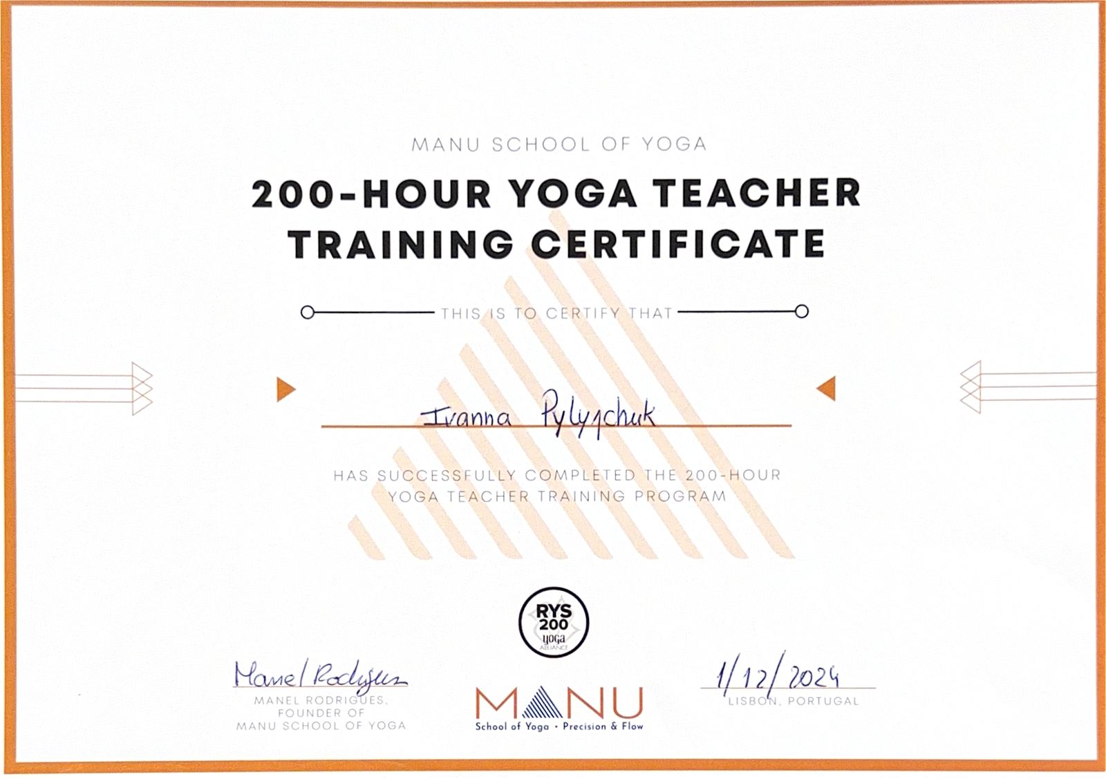 Manu School of Yoga 200-hour teacher training certificate, Lisbon, 2024 — Ivanna Pylypchuk